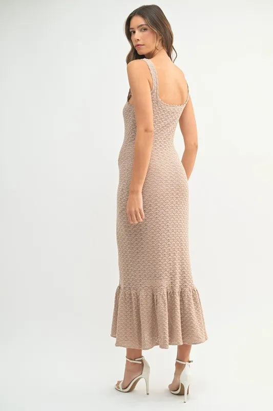 Ruffled Hem Sleeveless Crochet Knit Midi Dress in Mocha – outfit idea for women | Ro + Ivy