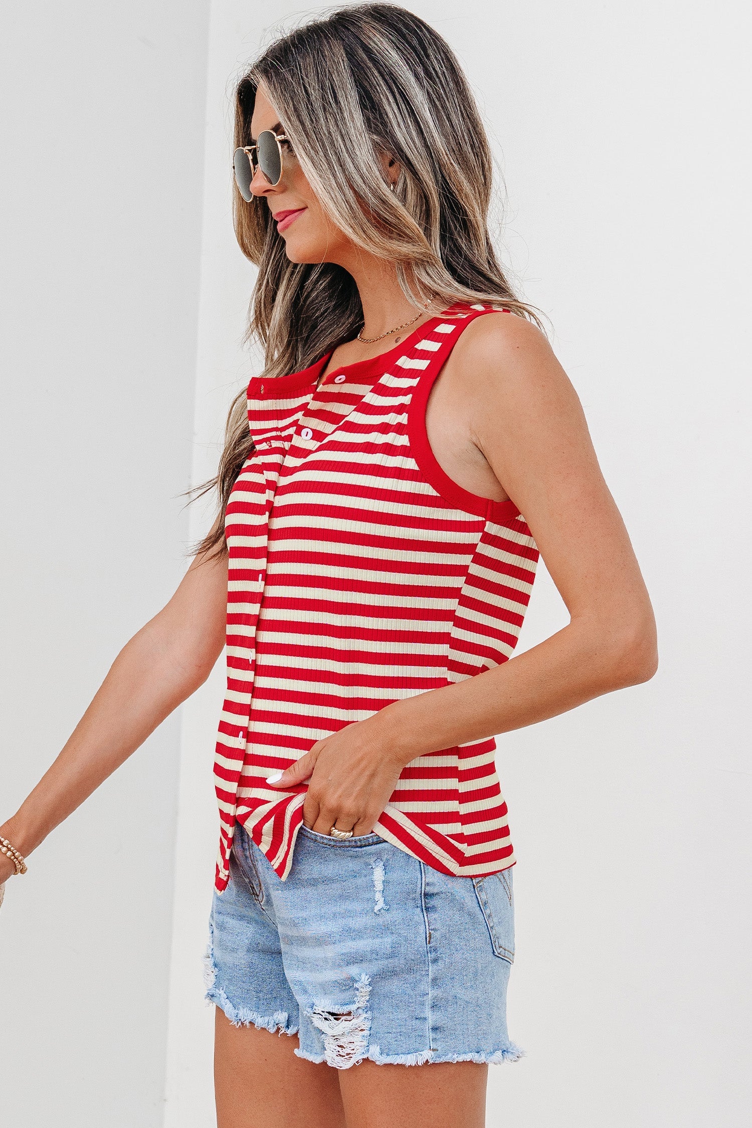 Bold Stripe Round Neck Ribbed Knit Sleeveless Tank Top — Fresh Everyday Style - Tank Tops
