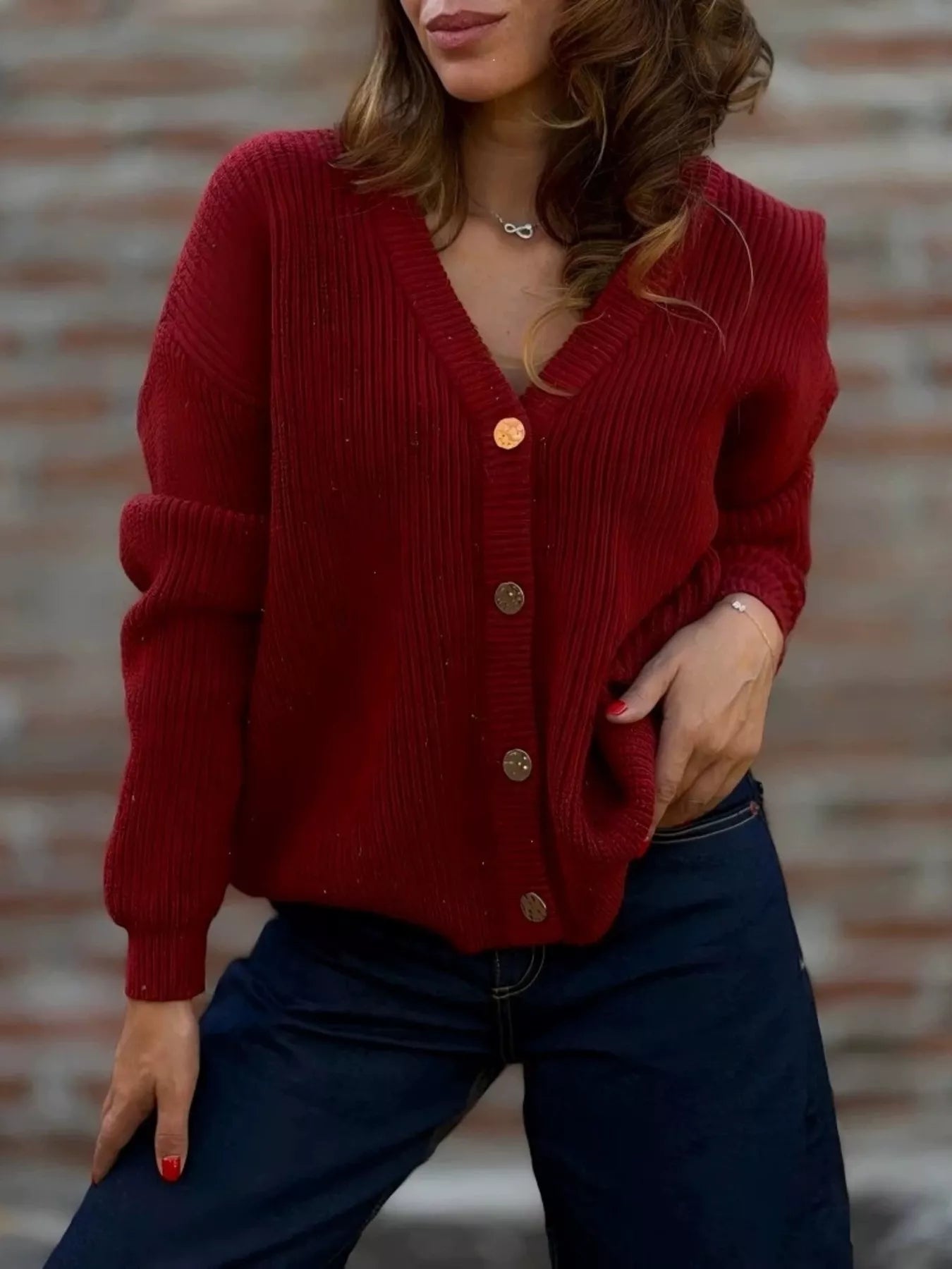 V-Neck Button-Up Knit Cardigan Deep Red
