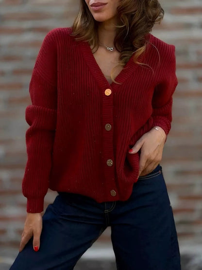 V-Neck Button-Up Knit Cardigan Deep Red