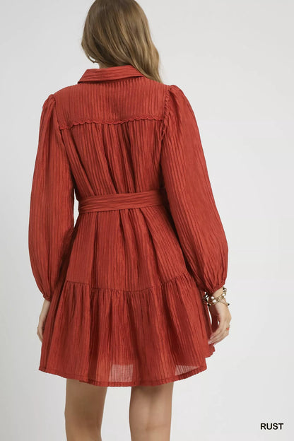 Button-Front Crinkle Textured Long Sleeve with Waist Tie Mini Dress | Trendy Mini Dresses Outfit Idea for Women by Ro + Ivy | Elevated Basics, Modern Comfort & Style