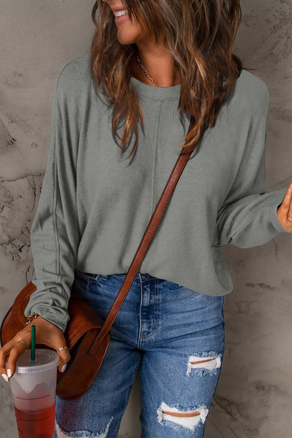 Relaxed Long Sleeve Round Neck Top Heather Gray