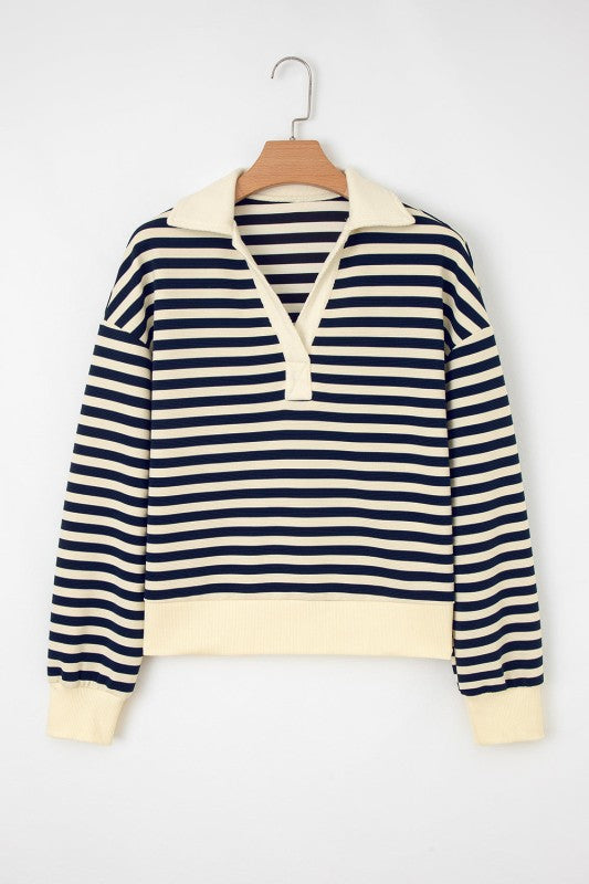 Blue Stripe Collared V Neck Long Sleeve Striped Top | Trendy Tops Outfit Idea for Women by Ro + Ivy | Elevated Basics, Modern Comfort & Style