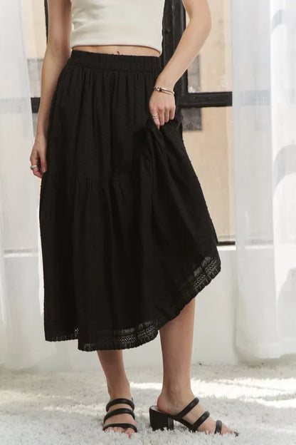 Elastic Waistband Tiered Midi Skirt – outfit idea for women | Ro + Ivy