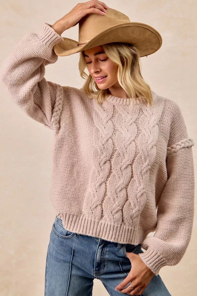 Cable Knit Crewneck Sweater with Braided Detail | Trendy Sweaters Outfit Idea for Women by Ro + Ivy | Elevated Basics, Modern Comfort & Style