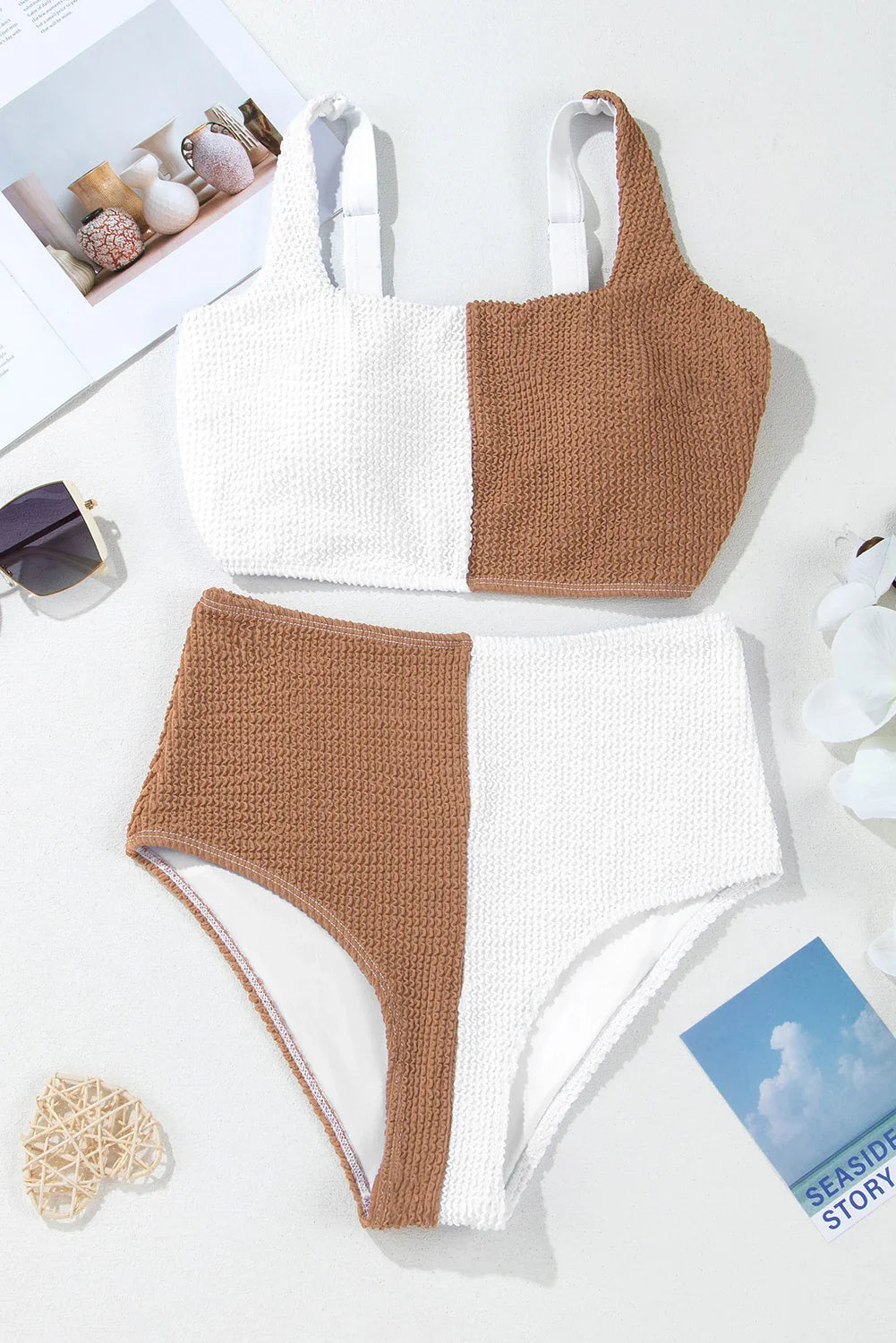 Colorblock Corded Square Neck High Waist Bikini Set — Modern Beach Statement Style - Swimwear/Bikinis