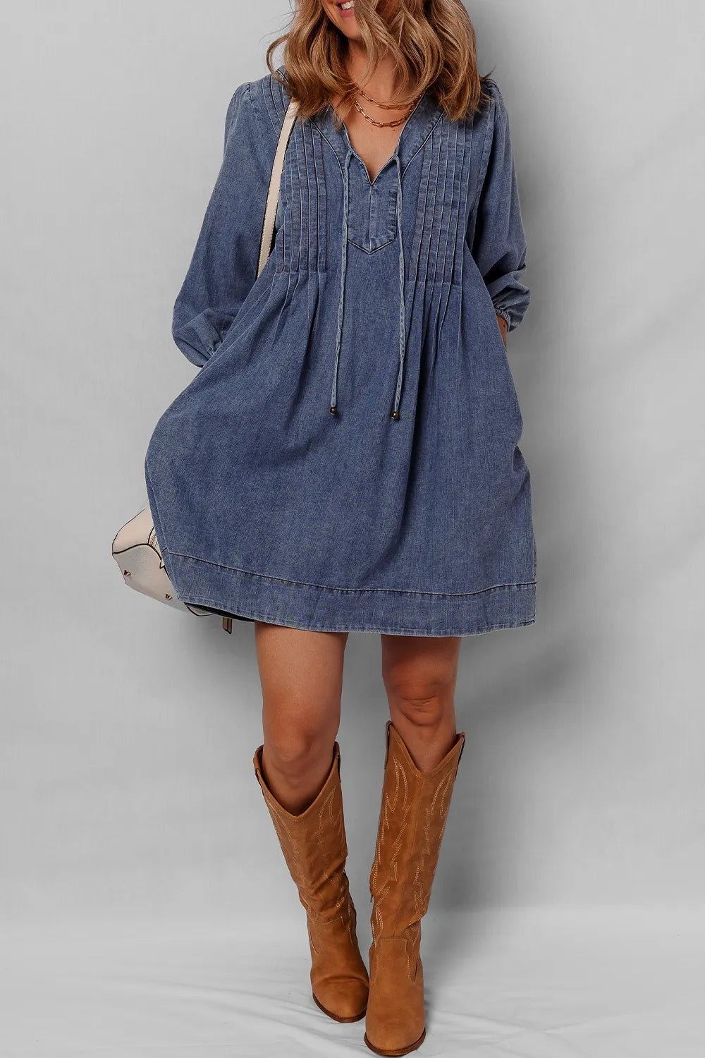 Tie Neck Long Sleeve Mini Denim Dress - Mini Dresses