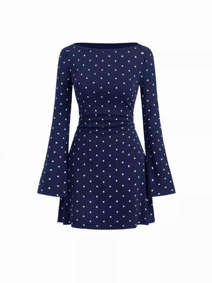 Polka Dot Boat Neck Flare Sleeves Mini Dress