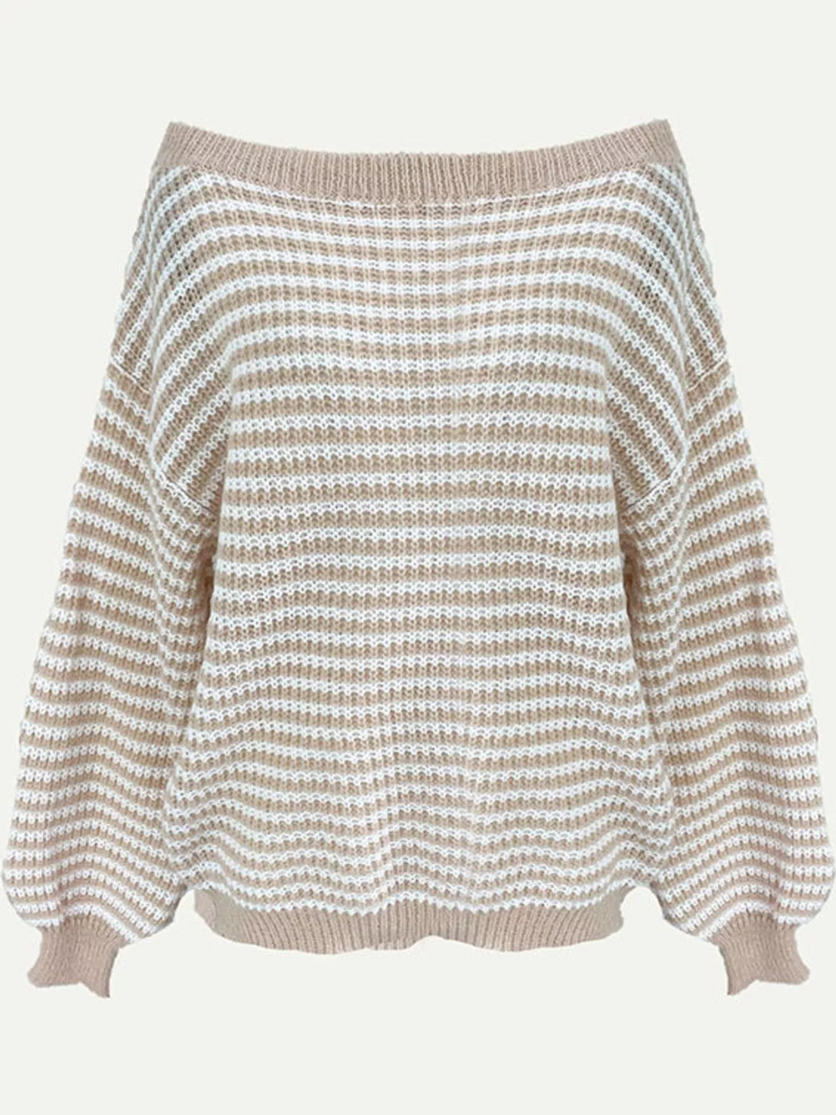 Oversized Striped Ribbed Knit Sweater with Boat Neck