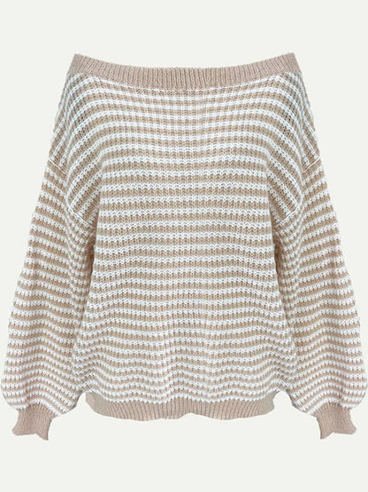 Oversized Striped Ribbed Knit Sweater with Boat Neck