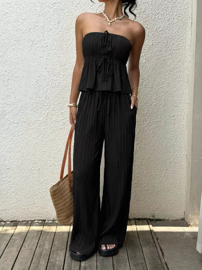 Women's Tube Top and Wide Leg Pants Set - Matching Sets