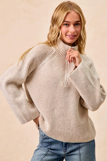 Two Tone Ribbed Knit Collared Zip Up Sweater | Trendy Sweaters Outfit Idea for Women by Ro + Ivy | Elevated Basics, Modern Comfort & Style