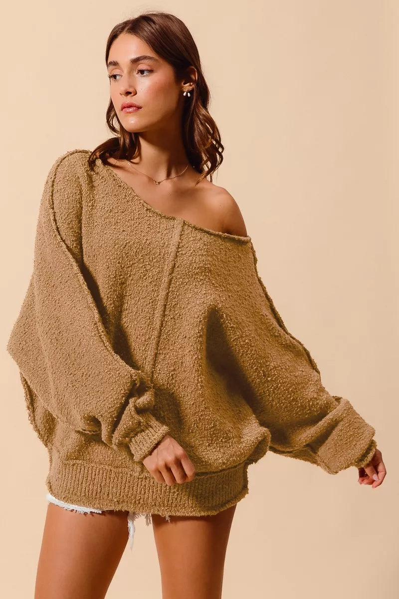 Boucle Loose Fit Sweater with Exposed Seam in Taupe | Trendy Sweaters Outfit Idea for Women by Ro + Ivy | Elevated Basics, Modern Comfort & Style