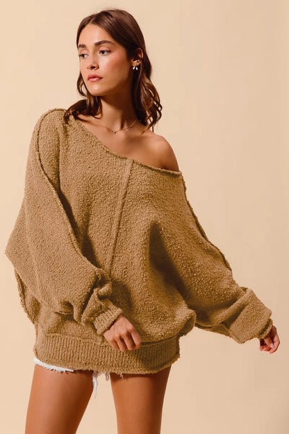 Boucle Loose Fit Sweater with Exposed Seam in Taupe | Trendy Sweaters Outfit Idea for Women by Ro + Ivy | Elevated Basics, Modern Comfort & Style