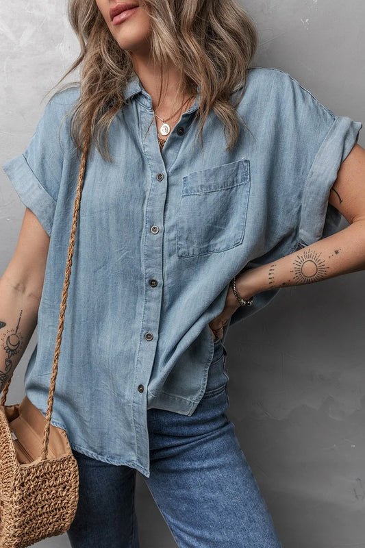 Folded Short Sleeve Front Pocket Cotton Shirt - Medium Shirts