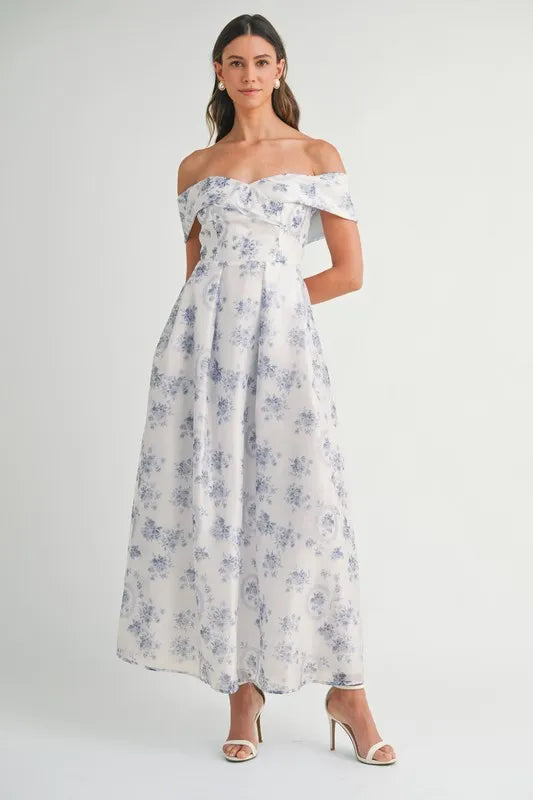 Floral Printed Off Shoulder Maxi Dress – Blue outfit idea for women | Ro + Ivy
