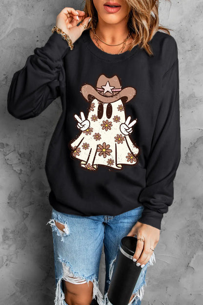 Western Ghost Round Neck Long Sleeve Sweatshirt Black