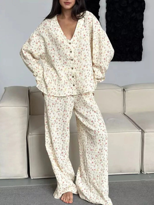 Floral Print Button-Down V Neck Top and Pants Loungewear Set - Loungewear Sets