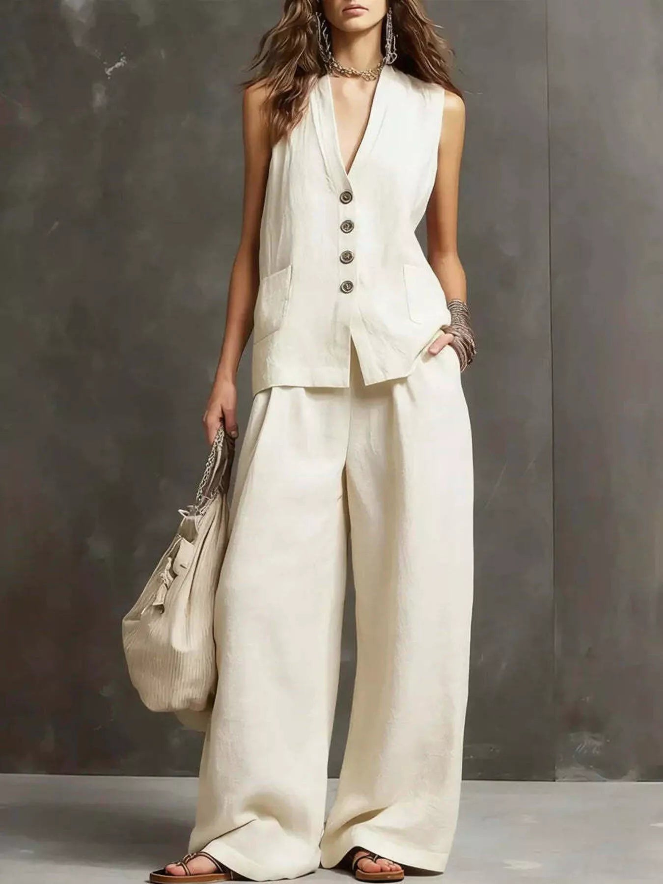 Women's Flowy Sleeveless Vest and Wide Leg Pants Set - White Matching Sets