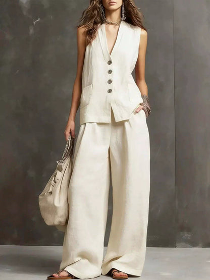 Women's Flowy Sleeveless Vest and Wide Leg Pants Set - White Matching Sets