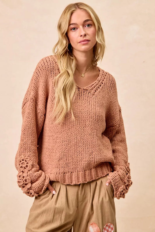 DUSTY PEACH Knit V Neck Sweater with Flower Detailed Sleeves | Trendy Sweaters Outfit Idea for Women by Ro + Ivy | Elevated Basics, Modern Comfort & Style