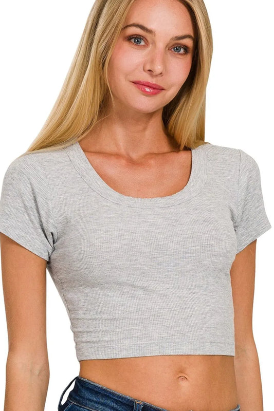 Ribbed Scoop Neck Crop Short Sleeve Top – H GREY outfit idea for women | Ro + Ivy