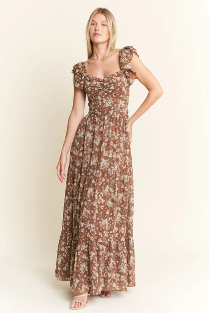 Ruffle Sleeve Tiered Maxi Dress in Mocha – outfit idea for women | Ro + Ivy