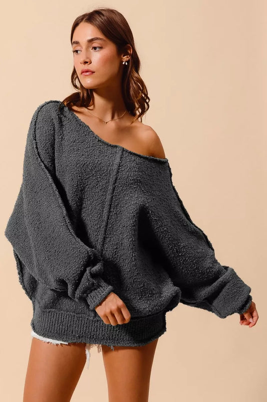 CHARCOAL Boucle Loose Fit Sweater with Exposed Seam in Charcoal | Trendy Sweaters Outfit Idea for Women by Ro + Ivy | Elevated Basics, Modern Comfort & Style