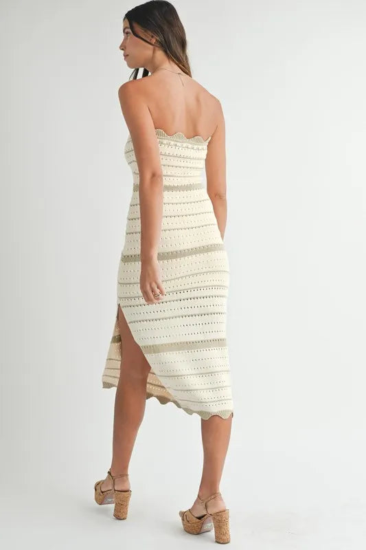 Contrast Striped Crochet Knit Midi Dress — Intricate Textured Flattering Everyday Style - Midi Dresses