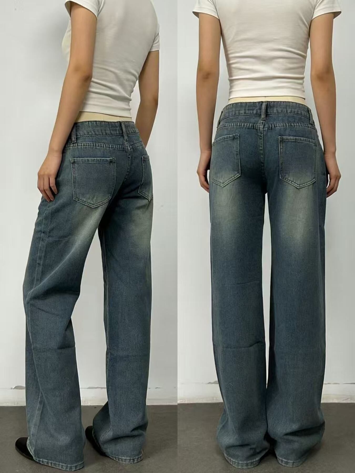 Vintage Wash Wide Leg Jeans - Jeans