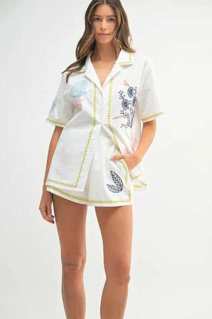 Embroidered Button Down Shirt And Shorts Set – Lime outfit idea for women | Ro + Ivy