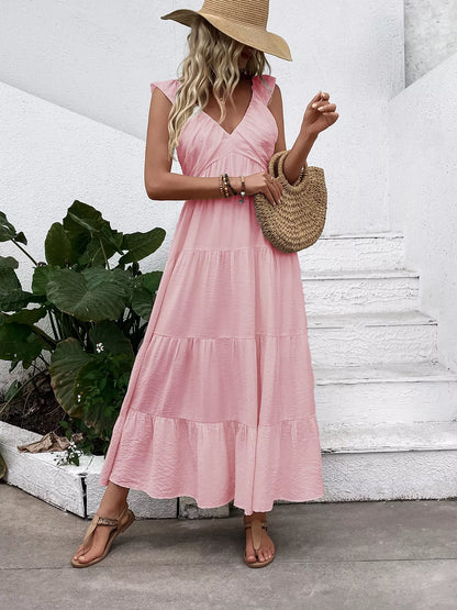 Women's Flowy V-Neck Tiered Maxi Dress with Flutter Sleeves - Maxi Dresses