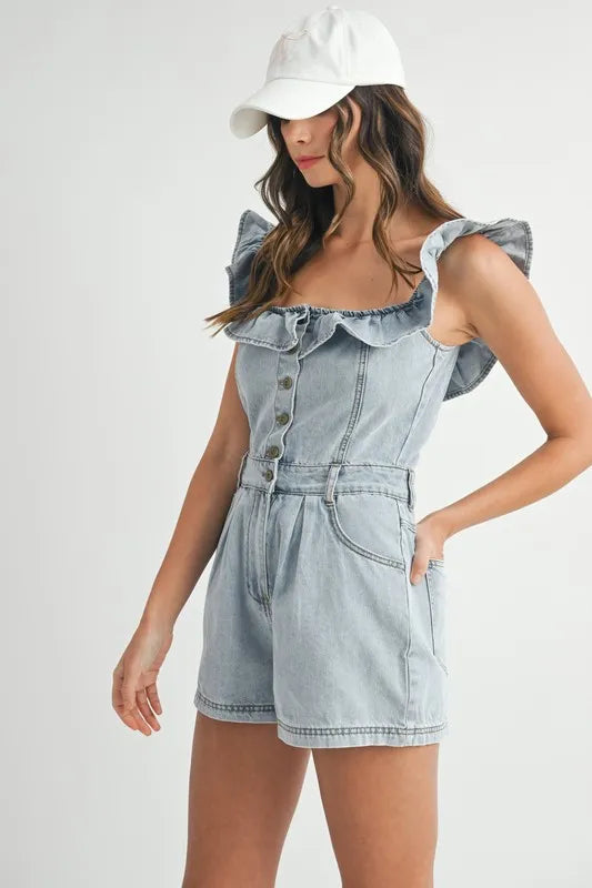 Off Shoulder Ruffle Detail Denim Romper - Rompers