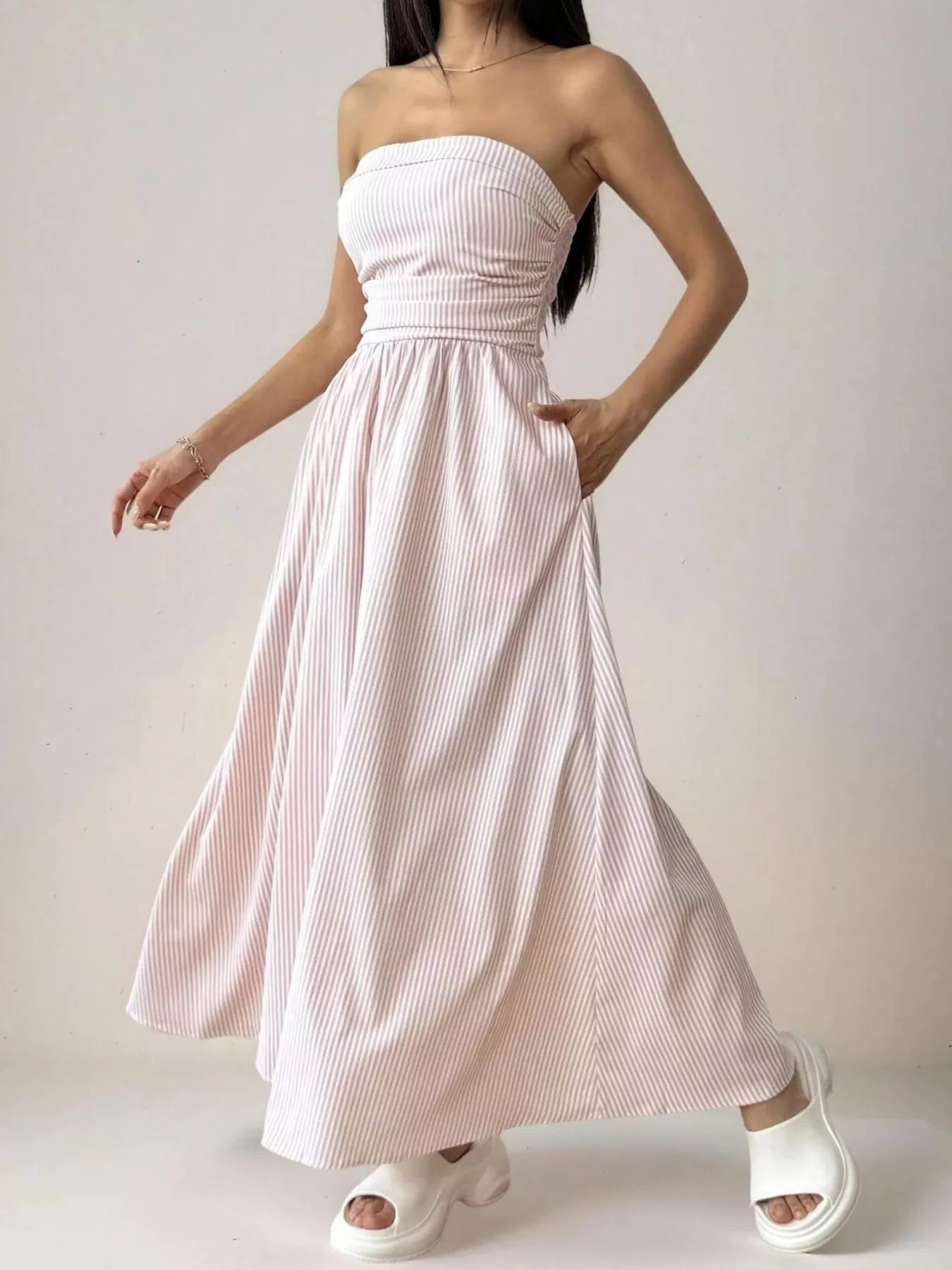 Strapless Featherweight Cotton Striped Maxi Dress - Maxi Dresses