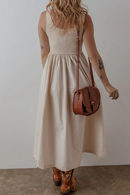 Women's Scoop Neck Ribbed Bodice Sleeveless Midi Tank Dress - Midi Dresses
