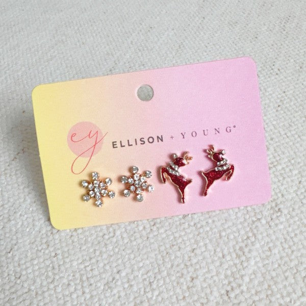 Holiday Reindeer & Snowflake Stud Earrings Set Of 2 | Trendy Earrings Outfit Idea for Women by Ro + Ivy | Elevated Basics, Modern Comfort & Style