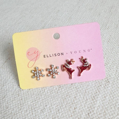 Holiday Reindeer & Snowflake Stud Earrings Set Of 2 | Trendy Earrings Outfit Idea for Women by Ro + Ivy | Elevated Basics, Modern Comfort & Style