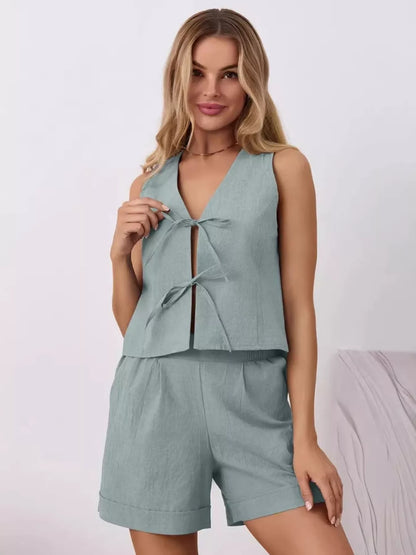 Women's Tie Front Sleeveless Top and Shorts Set - Matching Sets