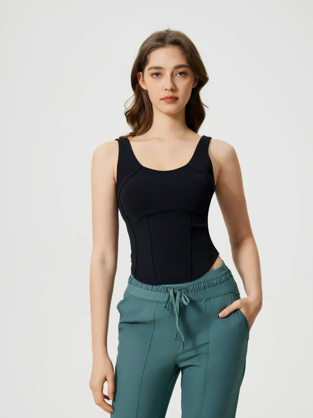 Round Neck Wide Strap Activewear Tank Top Black