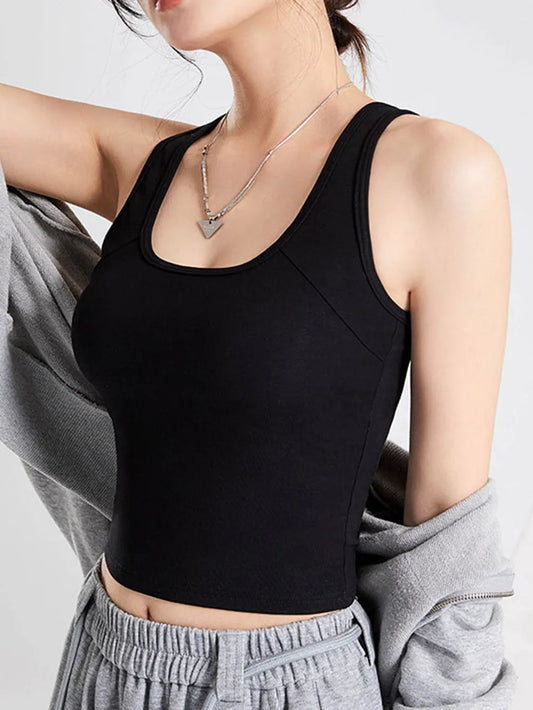 Women's Crisscross Scoop Neck Wide Strap Cropped Tank, Built-In Chest Pads Black