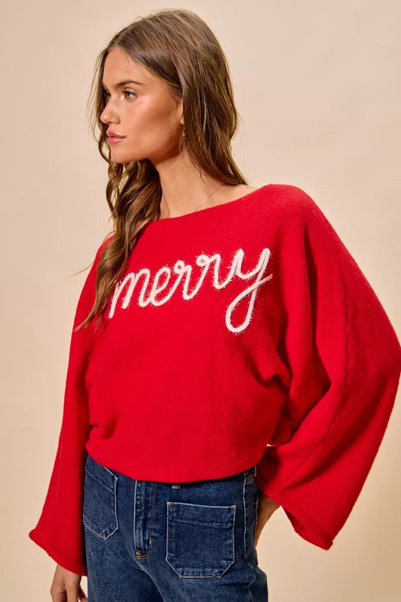 Red "Merry" Lettering Lightweight Boatneck Christmas Top | Trendy Tops Outfit Idea for Women by Ro + Ivy | Elevated Basics, Modern Comfort & Style