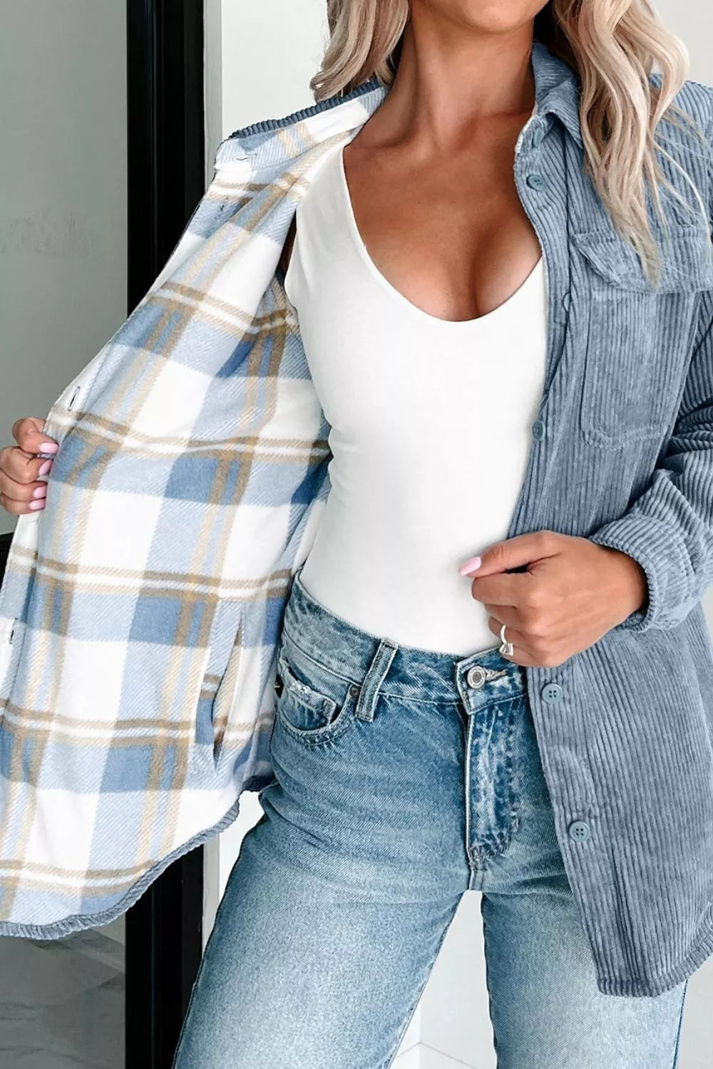 Corduroy Button-Up Plaid Shacket