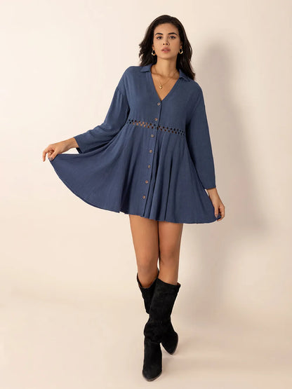 Cutout Johnny Collar V Neck Long Sleeve Mini Dress - Mini Dresses