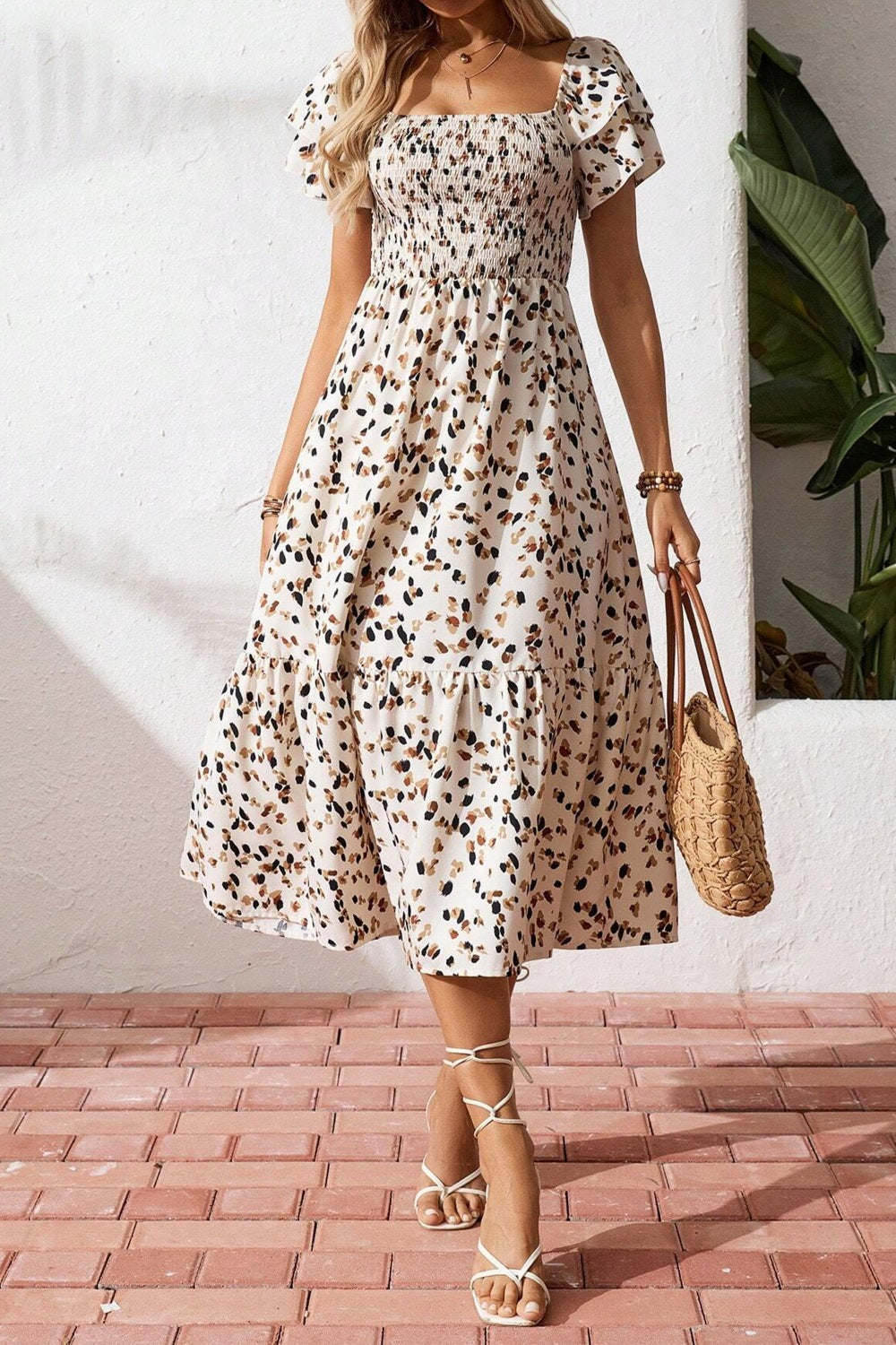 Square Neck Ruched Tiered Sleeve Midi Dress - Midi Dresses