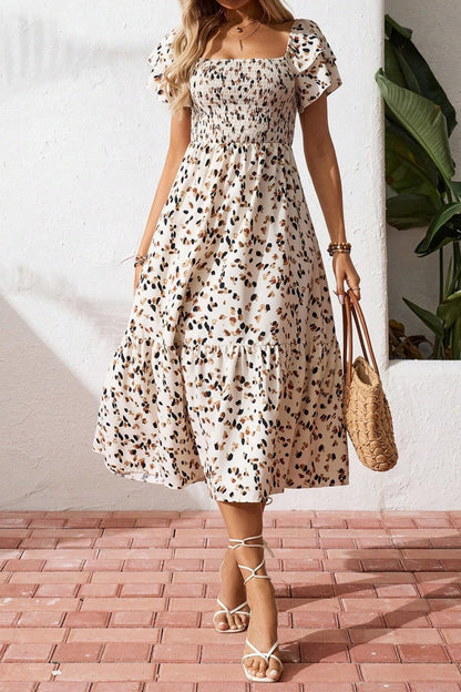 Square Neck Ruched Tiered Sleeve Midi Dress - Midi Dresses