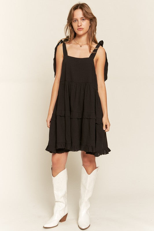 Square Neck Tiered Ruffle Bow Ties Mini Dress – outfit idea for women | Ro + Ivy