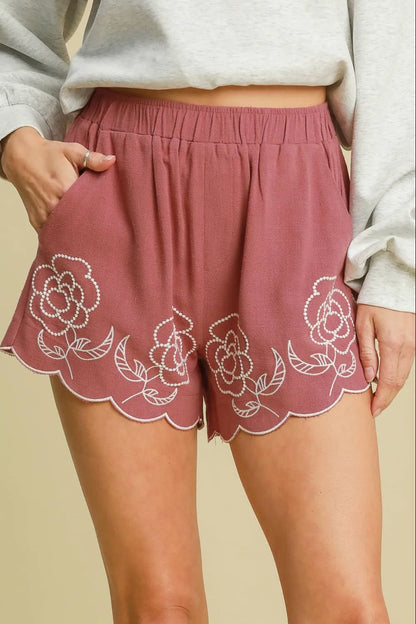 Floral Embroidered Cotton-Linen Blend Shorts - Dusty Pink Shorts