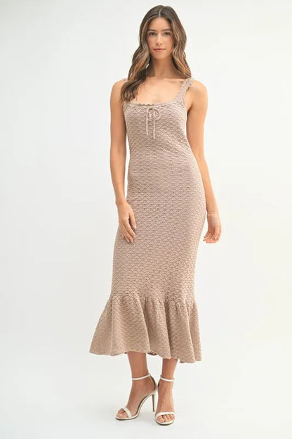 Ruffled Hem Sleeveless Crochet Knit Midi Dress in Mocha – outfit idea for women | Ro + Ivy