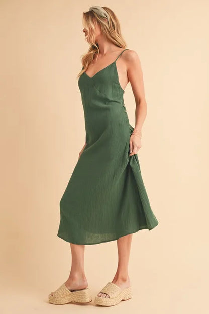 Side Button Cami Midi Dress in Emerald – outfit idea for women | Ro + Ivy