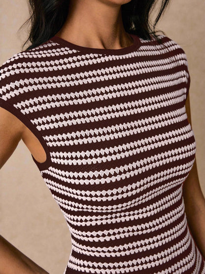 Round Neck Short Sleeve Striped Bodycon Midi Dress - Midi Dresses